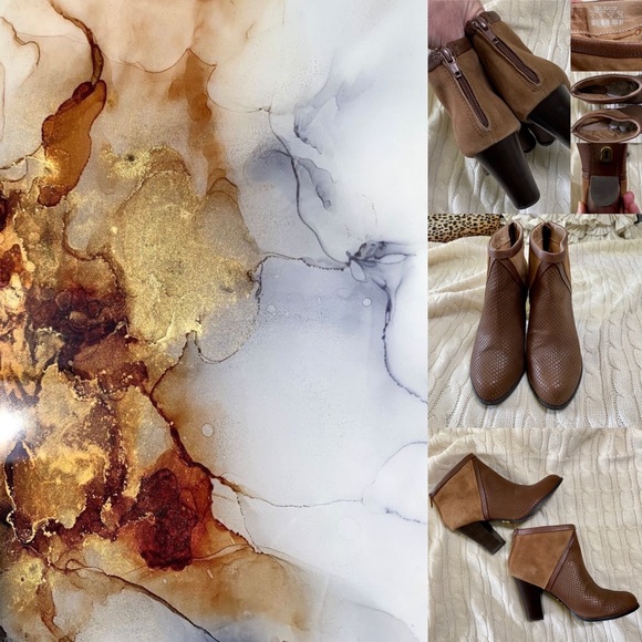 FOSSIL leather/suede ankle boots reptile stacked heel zipper booties size 8 - Picture 5 of 8